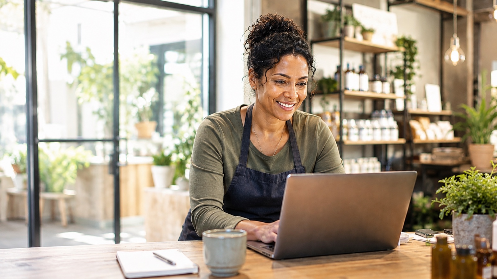 A small-business owner using connected digital tools in a bright working environment